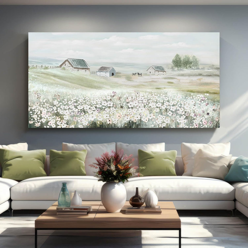 Large Framed Wall Art for Living Room - Grassland Landscape Home Wall Decor - Vintage Neutral Canvas Pictures for Bedroom 29'x 58' Office Wall Hanging
