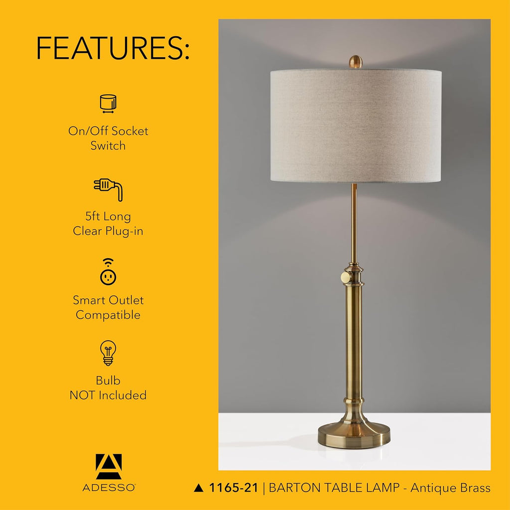 Adesso Antique Brass Table Lamp with Oatmeal Linen Shade – Adjustable Height Accent Light for Bedroom, Living Room, or Home Office, up to 34' Tall