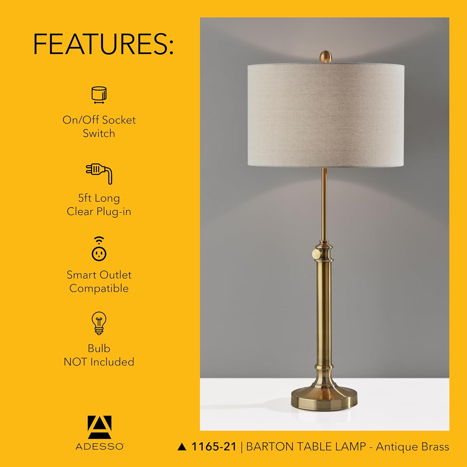 Adesso Antique Brass Table Lamp with Oatmeal Linen Shade – Adjustable Height Accent Light for Bedroom, Living Room, or Home Office, up to 34' Tall