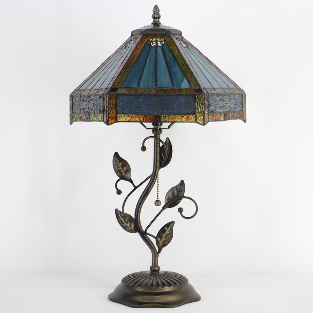 Tiffany Table Lamp Stained Glass Desk Lamp Metal Leaf Base Reading Light 12X19 Inch (Hexagon Mission Style)