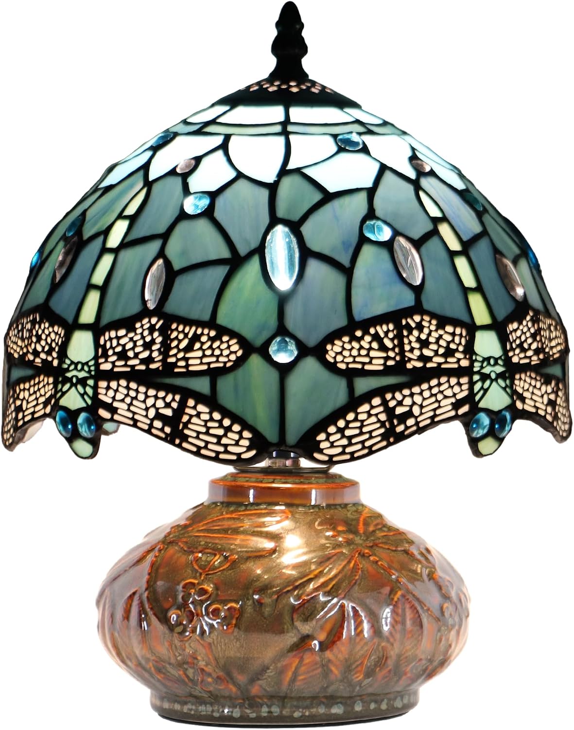 Small Tiffany Table Lamp Mini Mushroom Stained Glass Lamp Memory Sympathy lamp 10X11 Inch (Sea Blue Dragonfly)