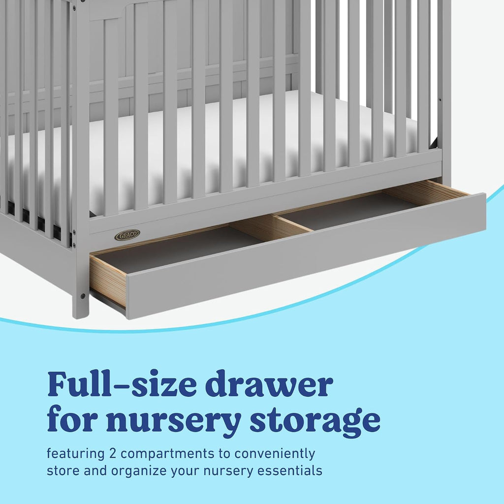 Graco Hadley 5-in-1 Convertible Crib with Drawer – GREENGUARD Gold Certified, Fits Standard Crib Mattress, Converts to Toddler Bed, Daybed and Full Bed, 4 Adjustable Mattress Heights (Pebble Gray)