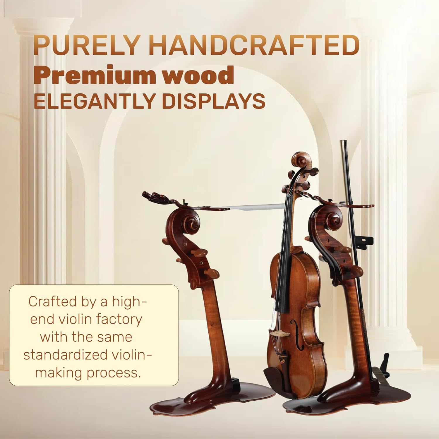 Solid Wood Violin Stand with Bow Holder - No Assembly Needed, Heavy-Duty 4/4 Size Display, Handcrafted Cut-Out Design for Home/Studio/Stage
