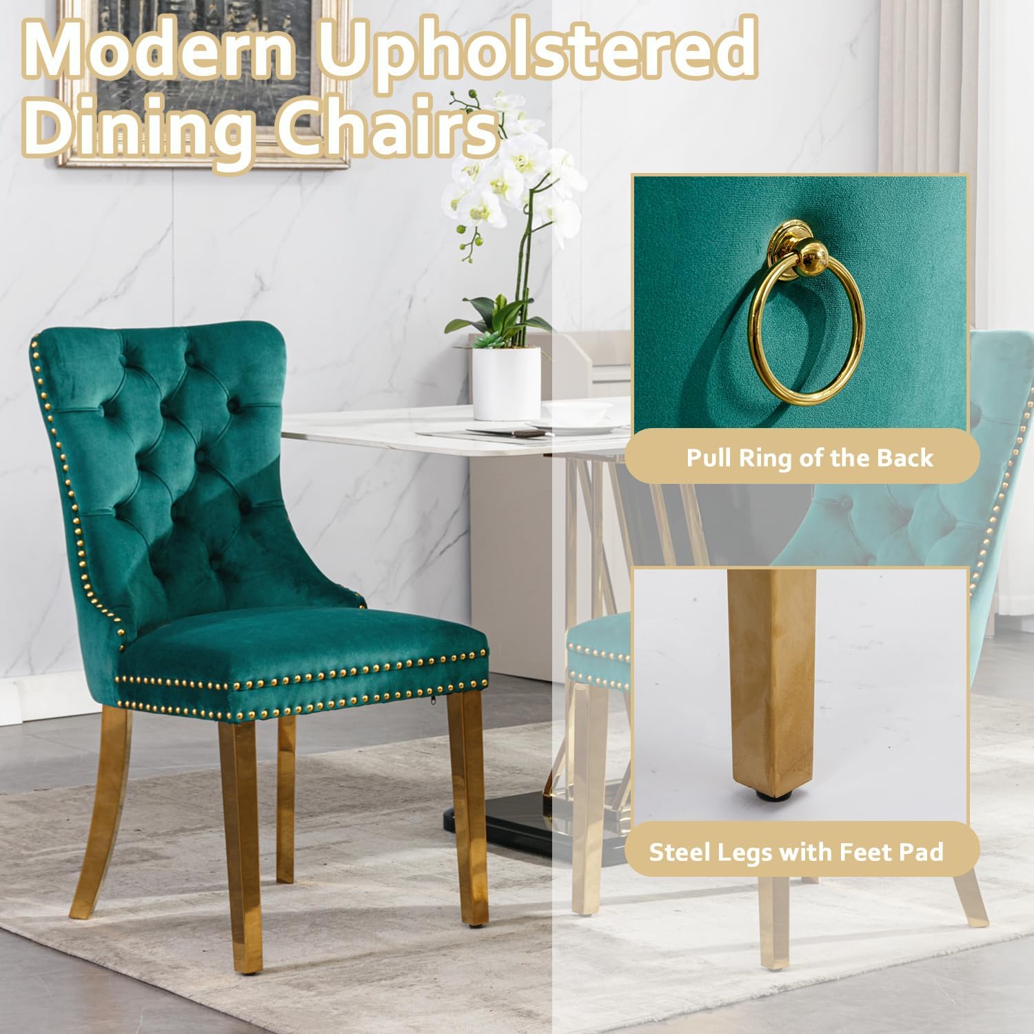 2 Piece Contemporary Velvet Upholstered Dining Chair with Chrome Stainless Steel Plating Legs, Nail Head Decro, Armless Tufted Dining Chair Fabric Dining Room Chair (Green&Gold, Set of 2)
