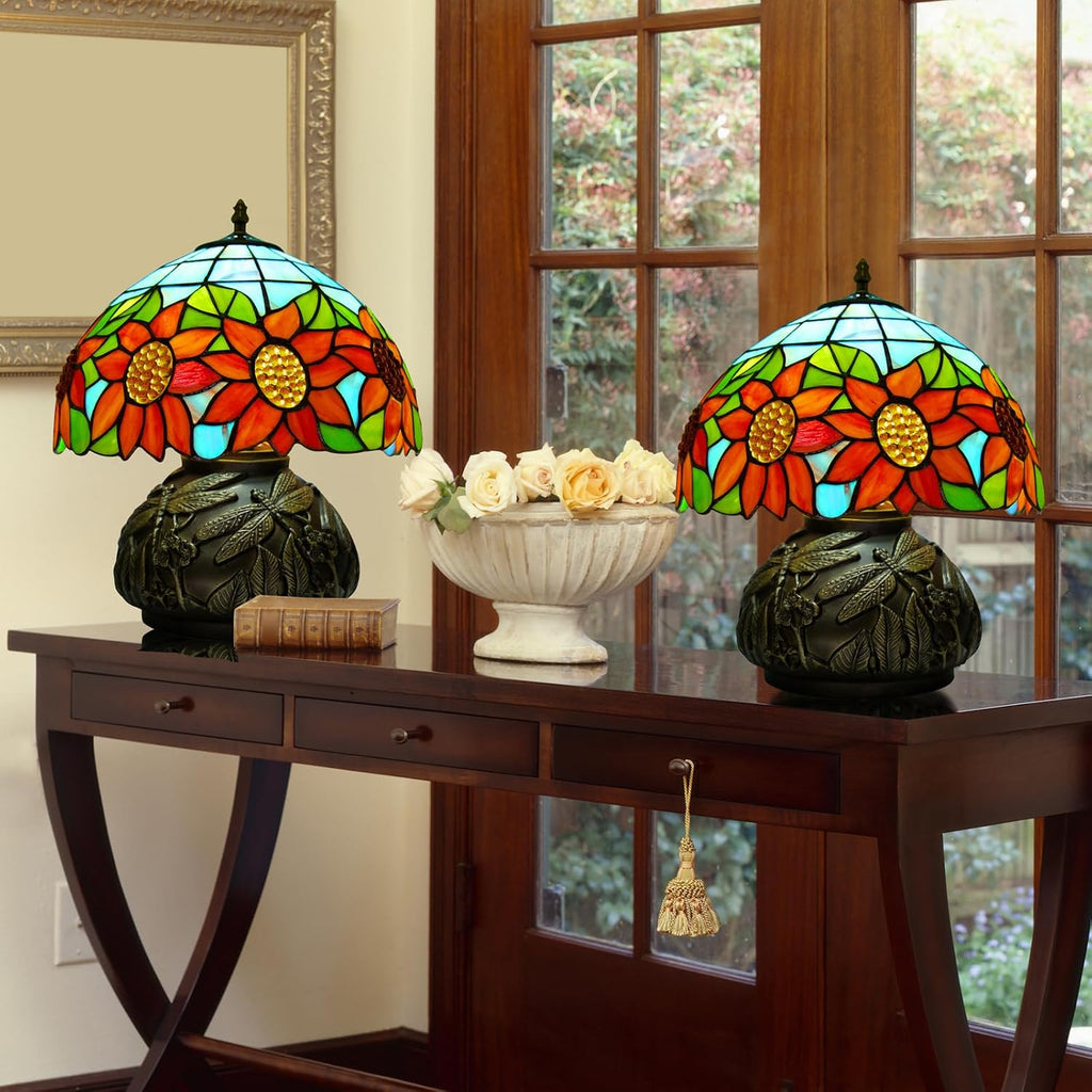 Tiffany Table Lamp,12 Inch Stained Glass Table Lamp,Mushroom Style Vintage Desk Lights Included E26 LED with Remote Control for Bedside,Bedroom,Living Room(Sunflower)