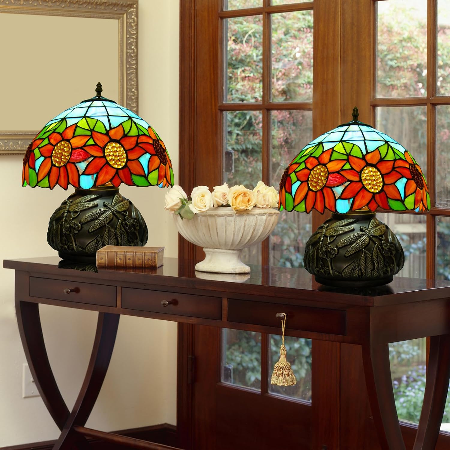 Tiffany Table Lamp,12 Inch Stained Glass Table Lamp,Mushroom Style Vintage Desk Lights Included E26 LED with Remote Control for Bedside,Bedroom,Living Room(Sunflower)