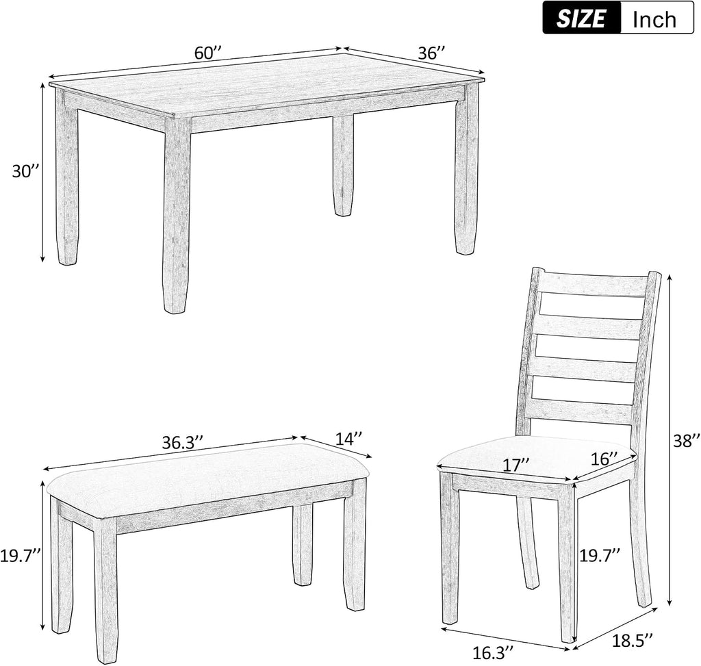 Rustic Farmhouse 6-Piece Dining Room Table Set, Counter Height Wooden Kitchen Dining Set with 4 Upholstered Chairs and Padded Bench, Kitchen Set for 6 (Brown+Whitewash)