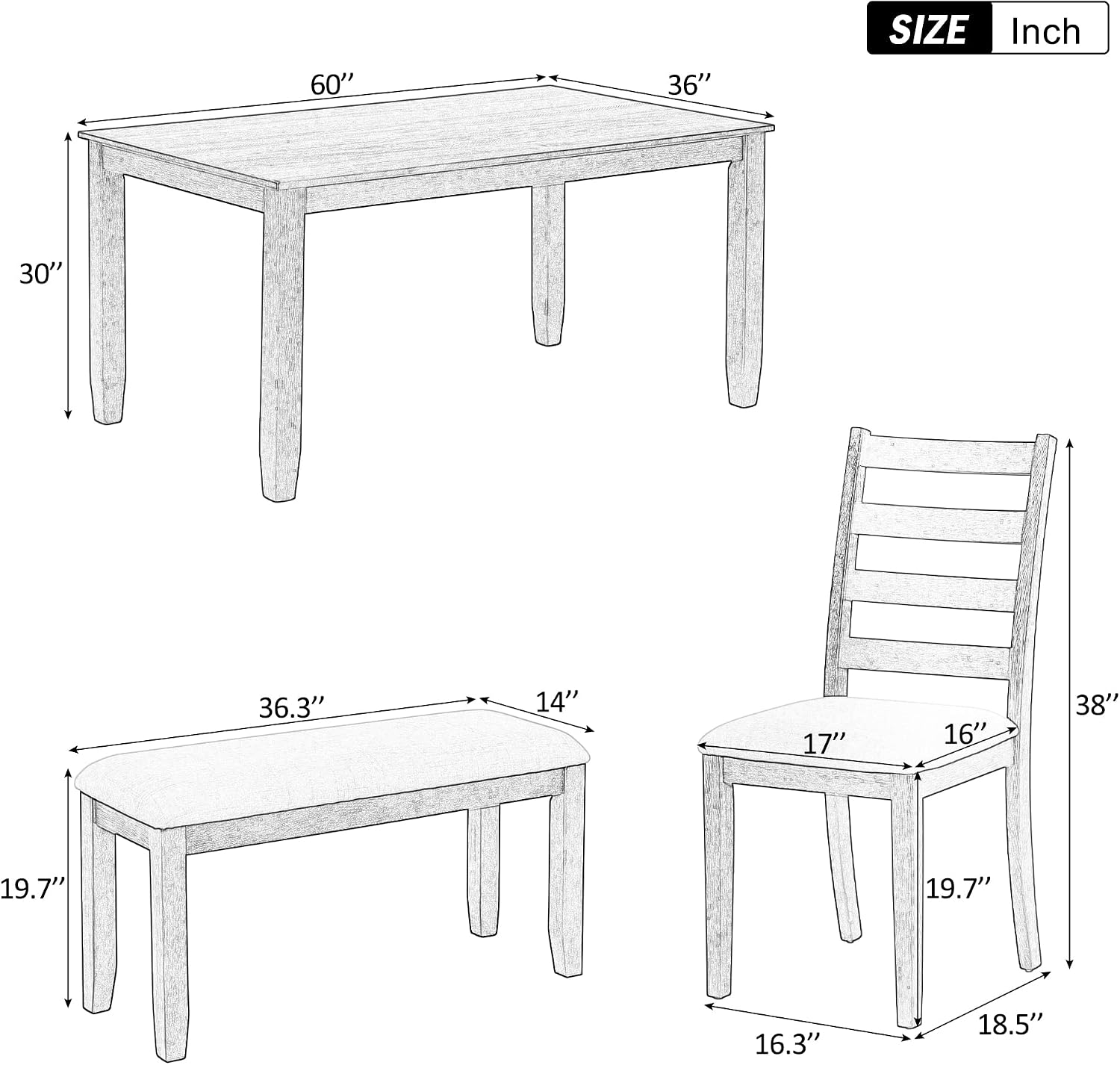 Rustic Farmhouse 6-Piece Dining Room Table Set, Counter Height Wooden Kitchen Dining Set with 4 Upholstered Chairs and Padded Bench, Kitchen Set for 6 (Brown+Whitewash)