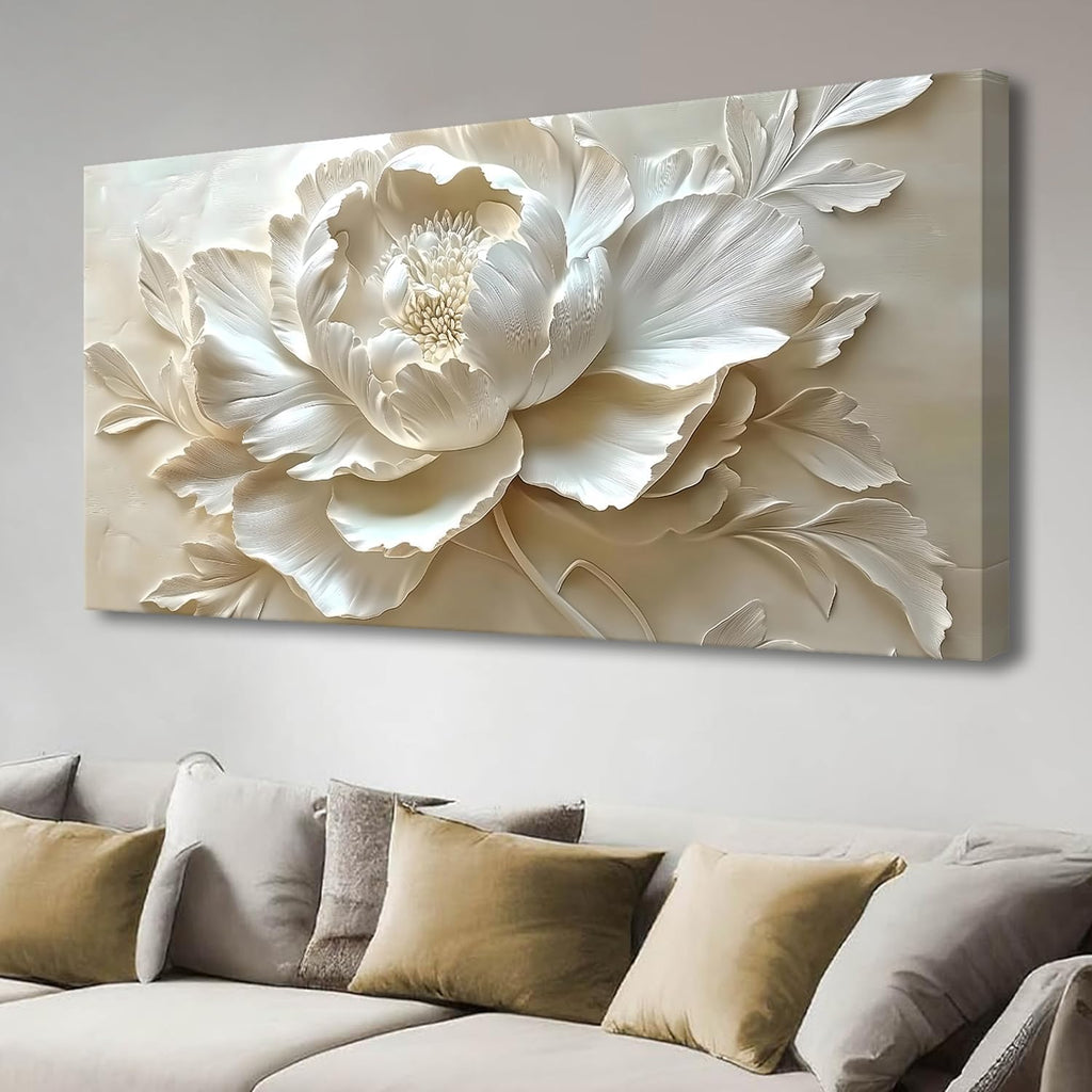 MooMel Large Framed Abstract White Flower Wall Art, Modern Canvas Wall Decor for Living Room Bedroom Dining Room Home Office, 24x48 Inch.