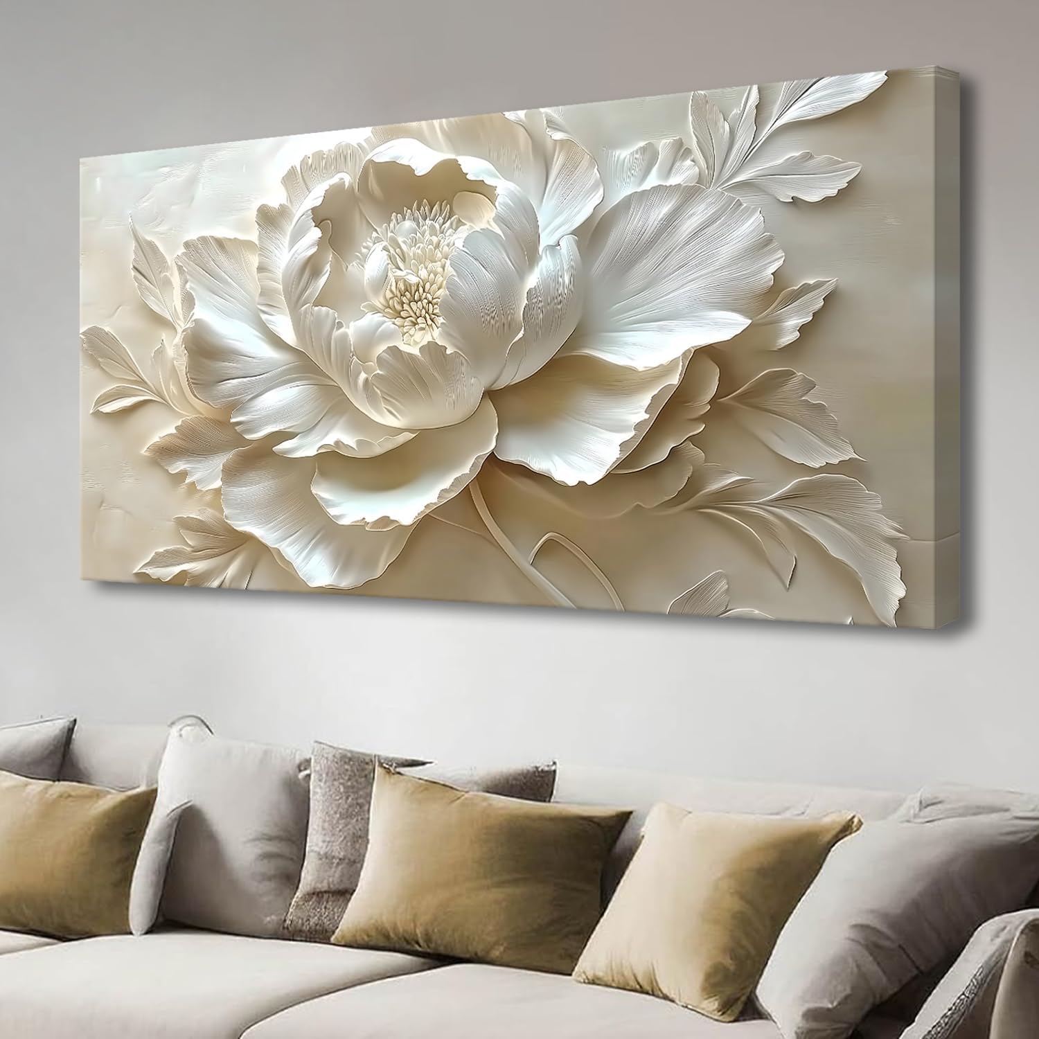 MooMel Large Framed Abstract White Flower Wall Art, Modern Canvas Wall Decor for Living Room Bedroom Dining Room Home Office, 24x48 Inch.