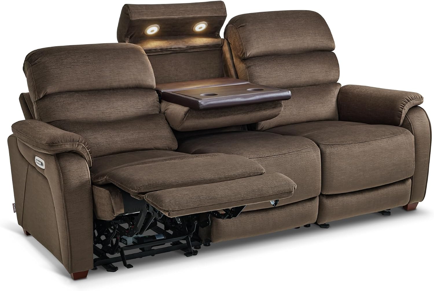MCombo 87.2'' Wall Hugger Power Recliner Sofa with Drop Down Table, Reclining Sofa with Adjustable Headrest, USB Charge Ports, Reading Lamp, for Living Room, RVs, Fabric, ST258M3 (3-Seater, Coffee)