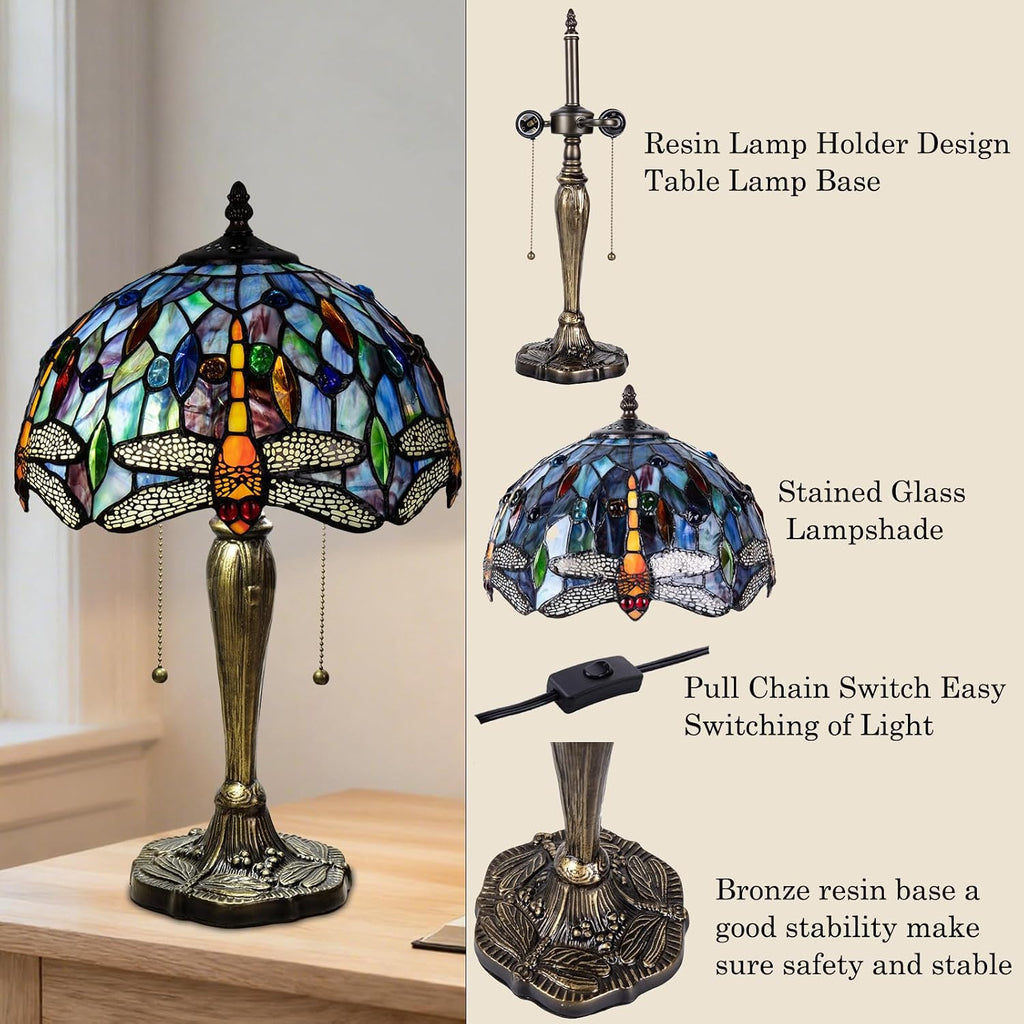 Tiffany Table Lamp, 12 Inch Dragonfly Stained Glass Lamp,Tiffany Style Lamp for Bedroom Living Room Home, Handcrafted Light, Included Bulb