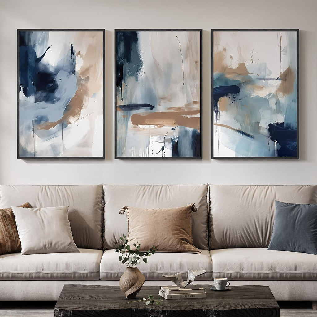 Large Framed Blue and Neutral Abstract Wall Art for Living Room, 3 Piece Modern Canvas Prints Paintings Artwork for Walls, Minimalist Pictures for Bedroom Dining Room Hallway Wall Decor 24x36 Inch