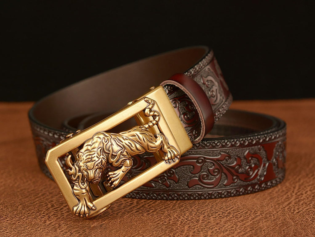 Mens Ratchet Leather Belt, Genuine Leather belts, Engraved Vintage Dragon Eagle Tiger Buckle, Business leisure belt