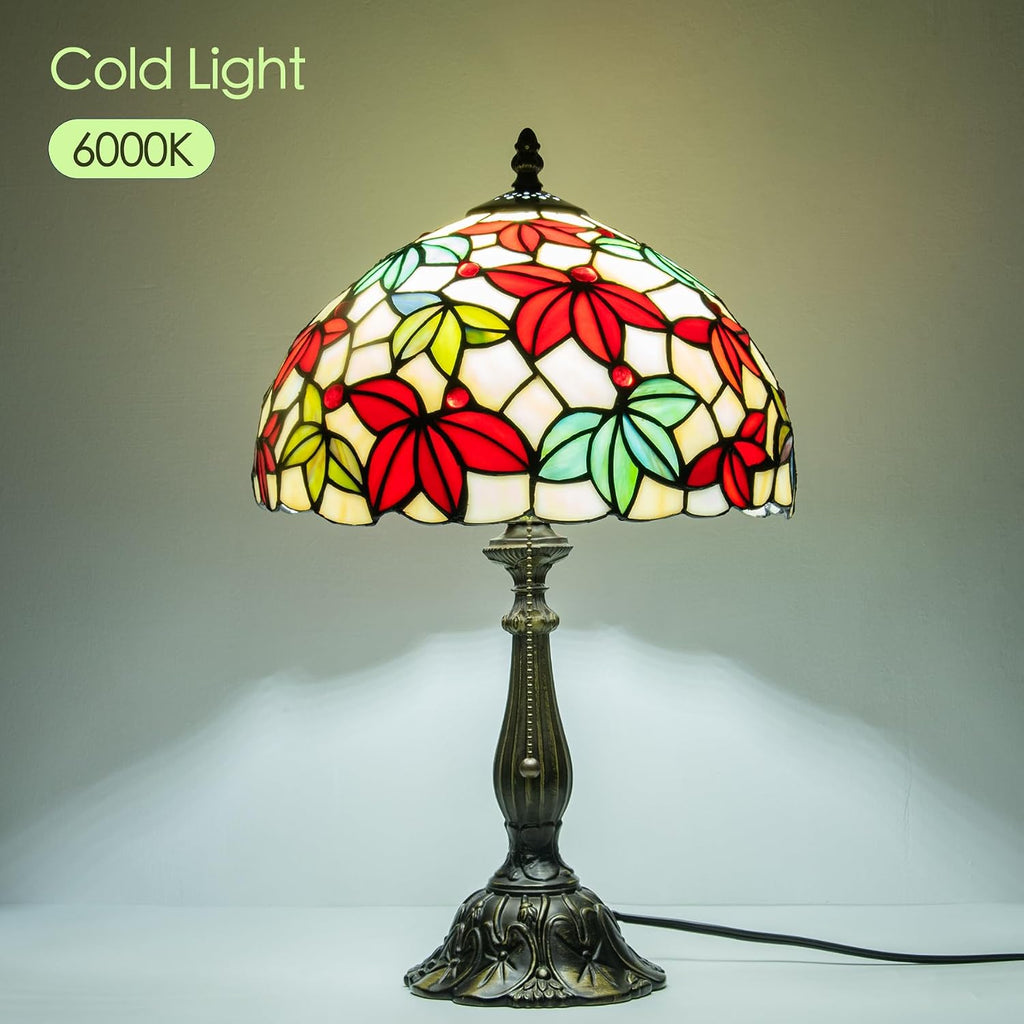 Tiffany Style Stained Glass Table Lamp, Maple Leaf Desk Light with Antique Bronze Resin Base, Multicolor Reading Lighting for Bedroom, Living Room, Office 12'X12'X19 (Maple-White)
