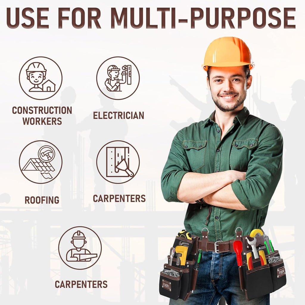 FUERI Nylon Tool Belt Bags Pouches Heavy Duty for Men Construction Carpenter Electrician Framer Work Black & Brown