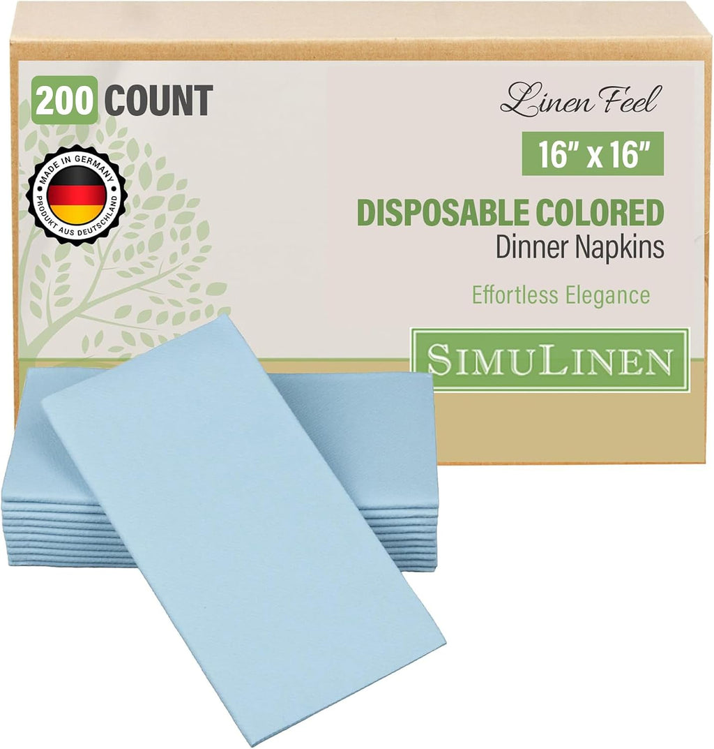 SimuLinen Light Blue Linen Feel Disposable Dinner Napkins - Cloth-Like Kosher Napkins for Celebrations, Weddings, and Showers, 16'x16', Box of 300