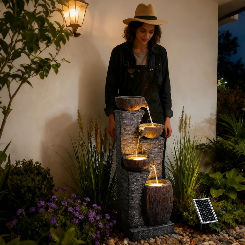 38.2' Tall Solar Water Fountain Outdoor Garden,4 Tiers Modern Cascading Bowls and Stacked Stones Solar Powered Fountains with LED Lights for Garden, Patio, Deck, Porch, Backyard, Lawns