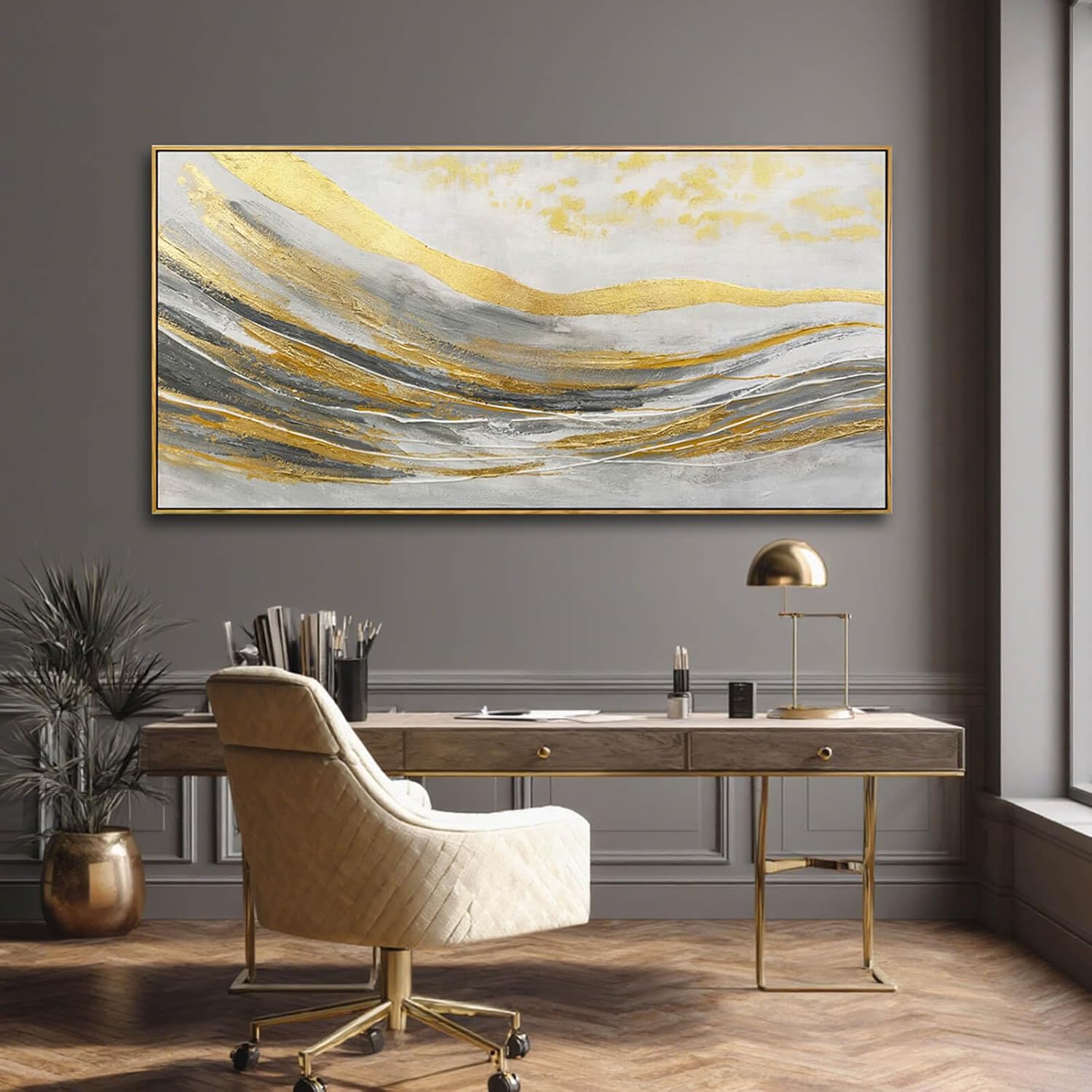 Artexist Abstract Wall Decor Modern Canvas Poster Gold Foil Wood Wall Art 24'x48' Pictures for Bedroom Wall Posters for Dining Room Area