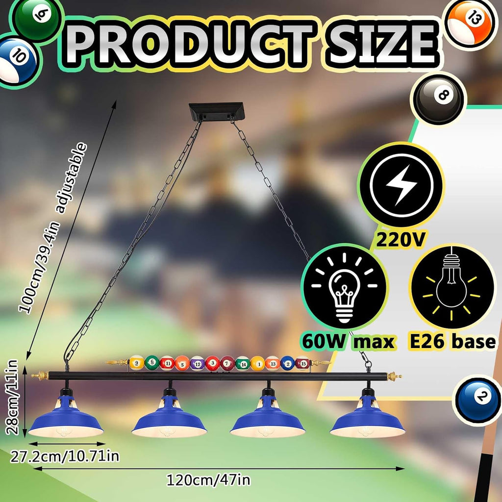 Rossesay Adjustable Pool Table Lights for 7'-8' Billiard Light Hanging Pool Table Fixture Lighting Pendant Lamp with Metal Shades for Game Rooms (Bulb Not Included)(Blue,4 Lights)