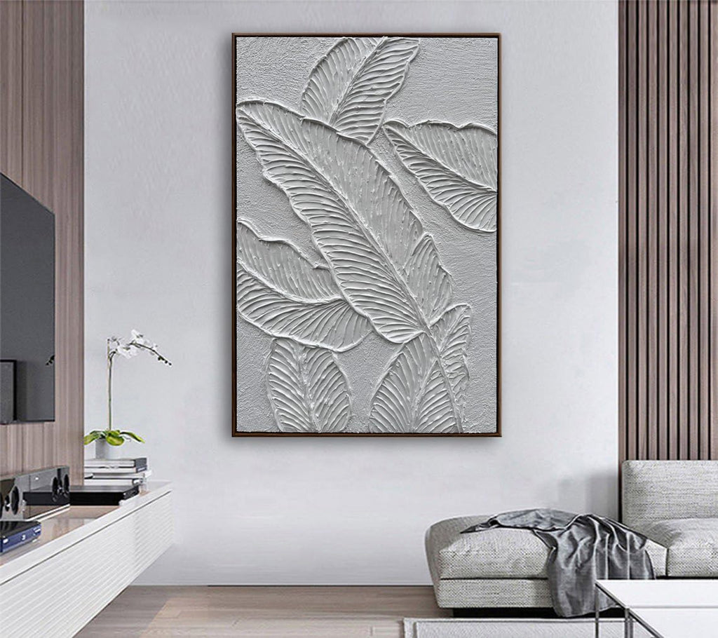 Slyart White Textured Wall Art, Hand Painted Canvas Abstract Wall Art Framed, 3D Minimalist White Leaf Plant Painting 24'x36'