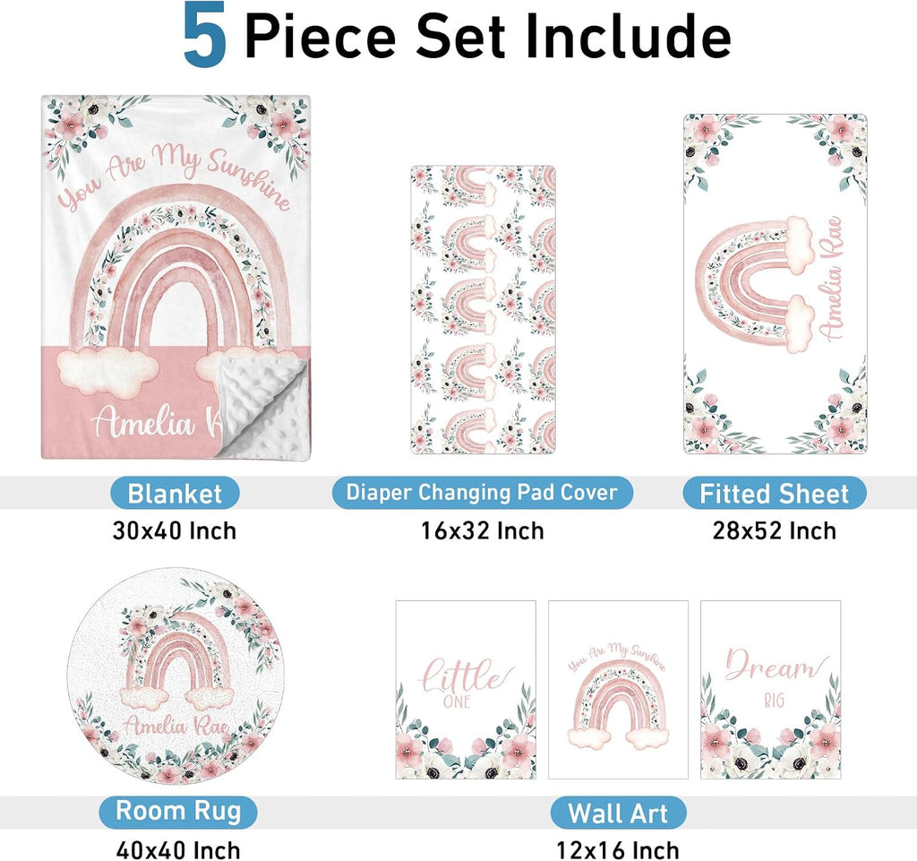 Dyoart Personalized Baby Crib Set - 5 Piece Custom Nursery Bedding Set with Name, Double Layer Pink Rainbow Bedding Set for Girls, Gift for Toddler Infant New Parents