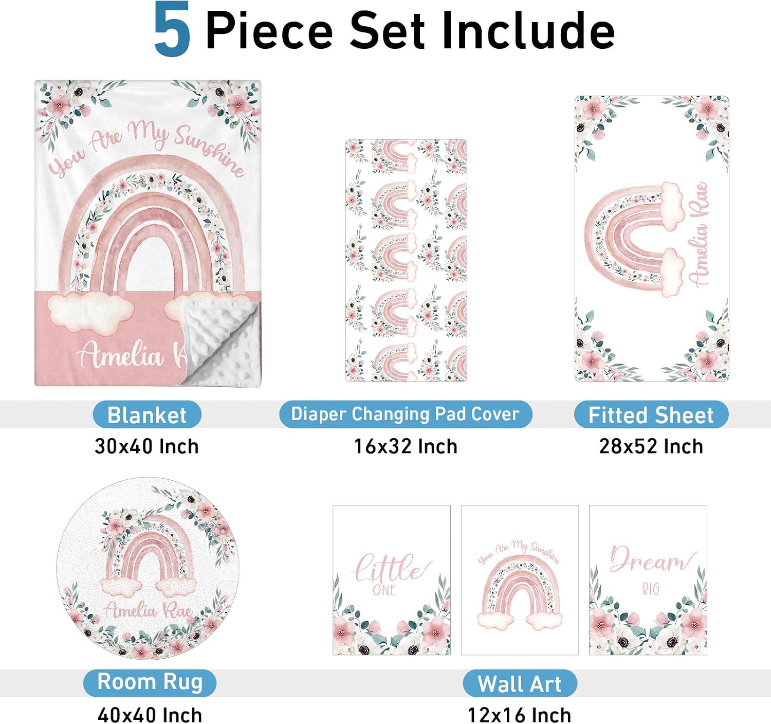 Dyoart Personalized Baby Crib Set - 5 Piece Custom Nursery Bedding Set with Name, Double Layer Pink Rainbow Bedding Set for Girls, Gift for Toddler Infant New Parents