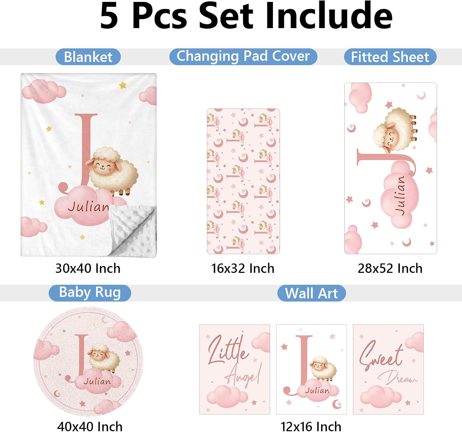 KAINSY Custom Crib Bedding Set, 5 Pcs Personalized Name Monogram Baby Crib Sets for Infants Toddlers, Pink Sheep Nursery Bedding Set for Boys Girls, Double Layer Baby Bedding Sets Customized Gifts