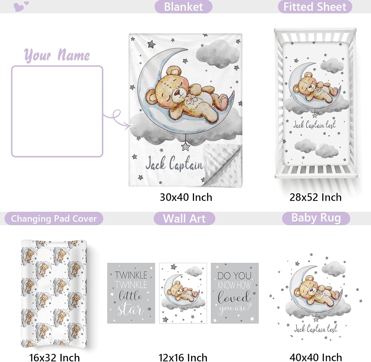 Personalized Baby Crib Bedding Set, 5 Pcs Custom Name Nursery Bedding Set for Girls Boys, Grey Moon Bear Baby Crib Set for Toddlers Infants, Double Layer Bedding Crib Sets Customized Gifts