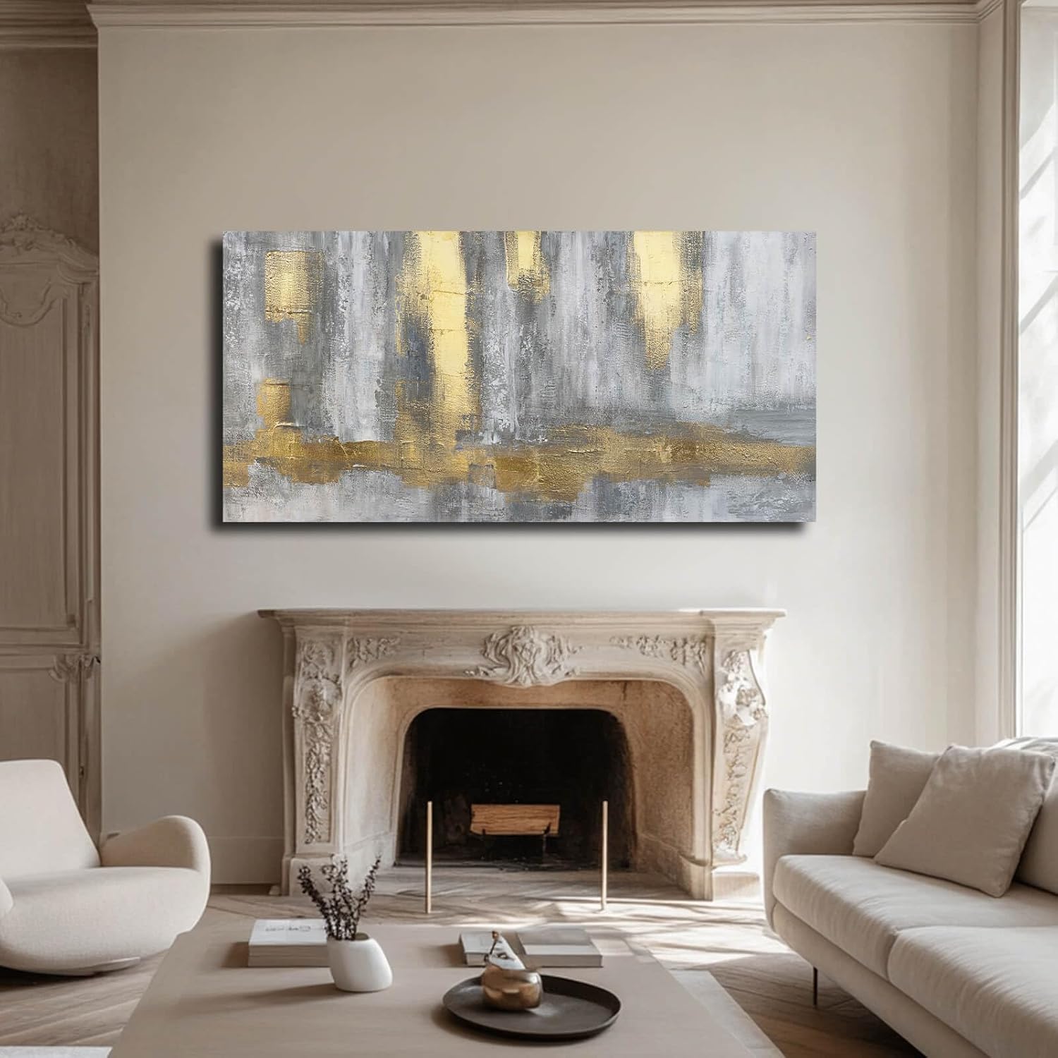 XIANSHOU Gold Wall Decor Hand Drawn Paintings Abstract Canvas Wall Art Large Pictures Grey Poster Arts 29'x58'