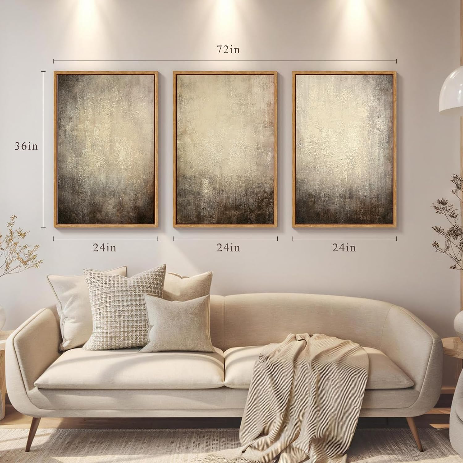 Vaskuro Extra Large Framed Art, Handmade Textured Canvas Paintings, Neutral Abstract Light Brown Wall Decor for Living Room, 3 Pcs,24x36In, Modern Minimalist Cozy Artwork for Bedroom