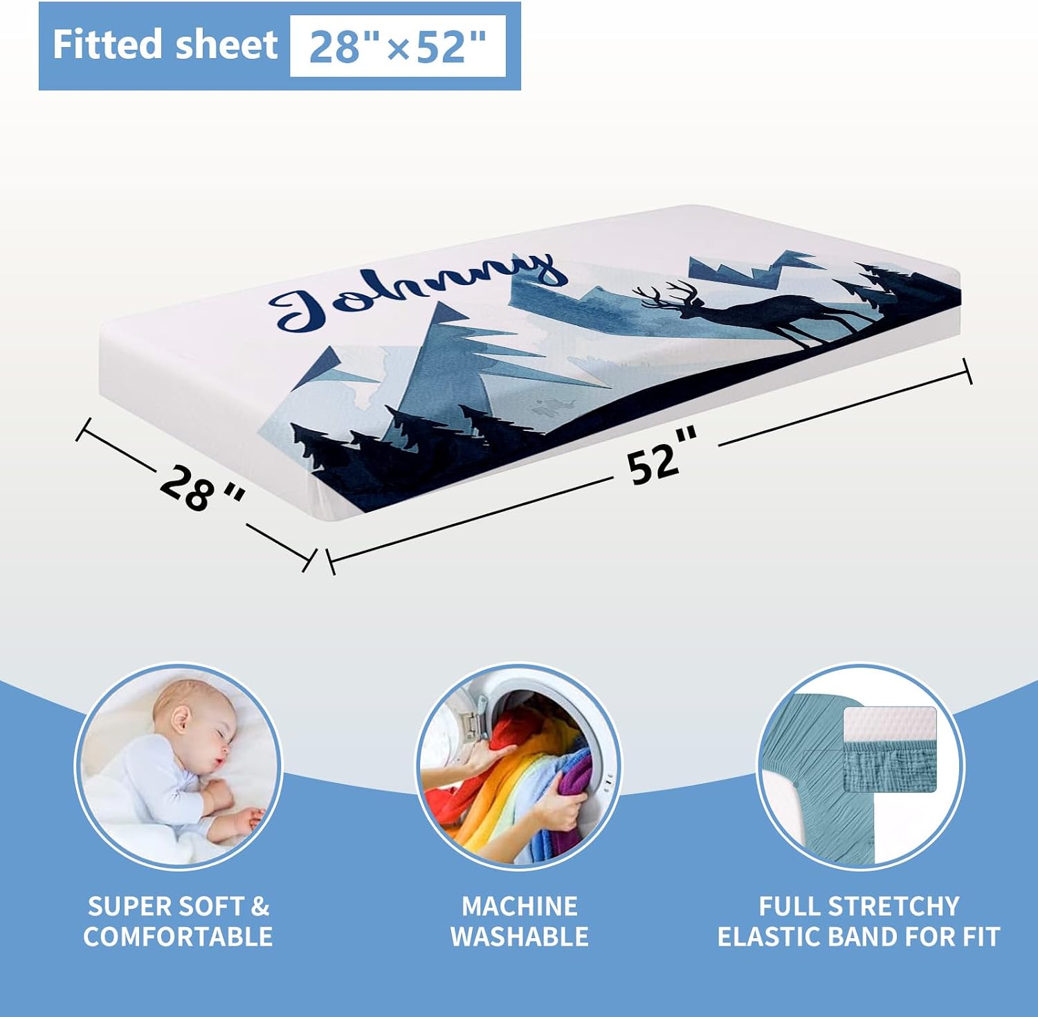 KAINSY Custom 5-Piece Baby Crib Bedding Set, Personalized Name for Toddlers, Blue Deer Nursery Set for Boy Girl, Double Layer Infant Crib Set, Customized Gifts