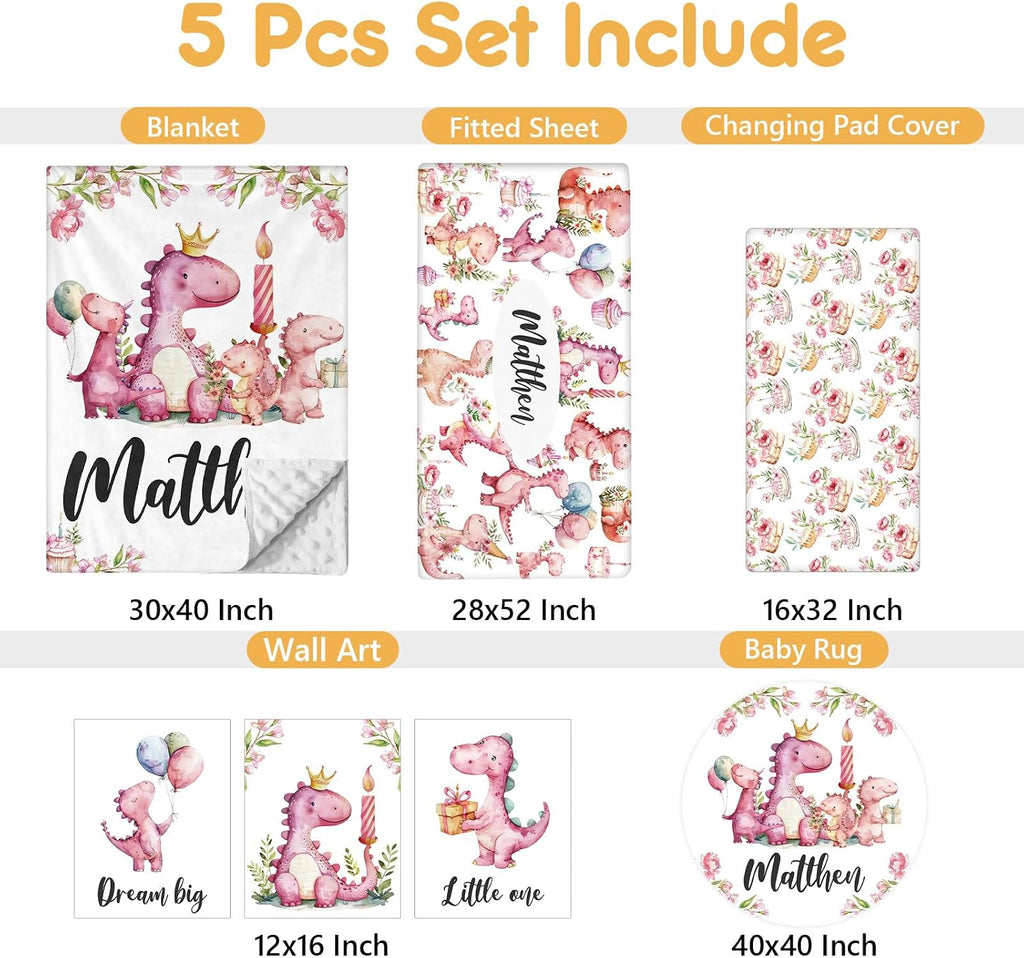 Terwex Custom Baby Crib Bedding Set - 5 Pcs Personalized Name Pink Dinosaurs Crib Set for Infants Toddlers Girls - Soft Double Layer Nursery Bedding Set - Customized Present for Birthday Baby Shower
