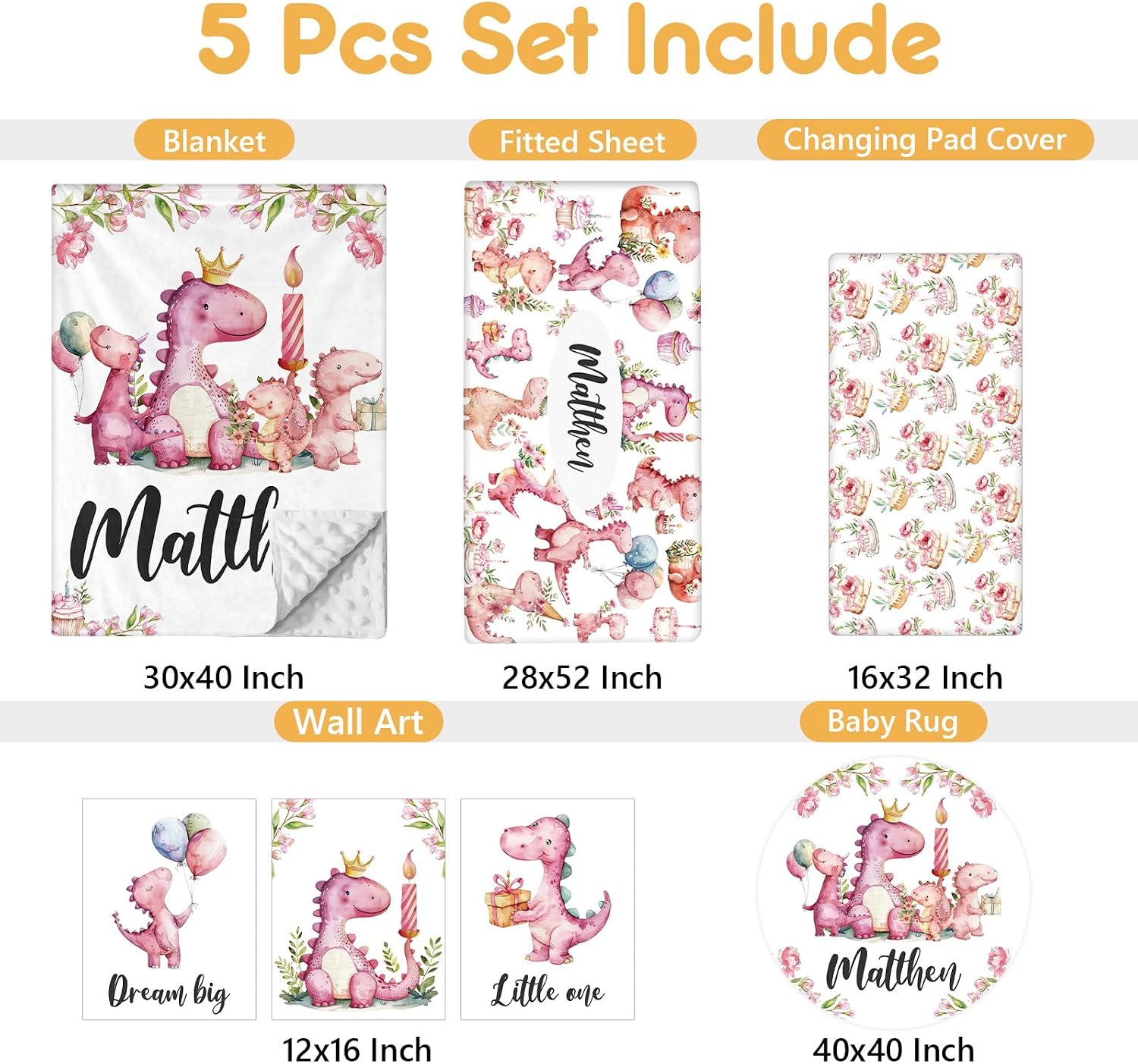 Terwex Custom Baby Crib Bedding Set - 5 Pcs Personalized Name Pink Dinosaurs Crib Set for Infants Toddlers Girls - Soft Double Layer Nursery Bedding Set - Customized Present for Birthday Baby Shower