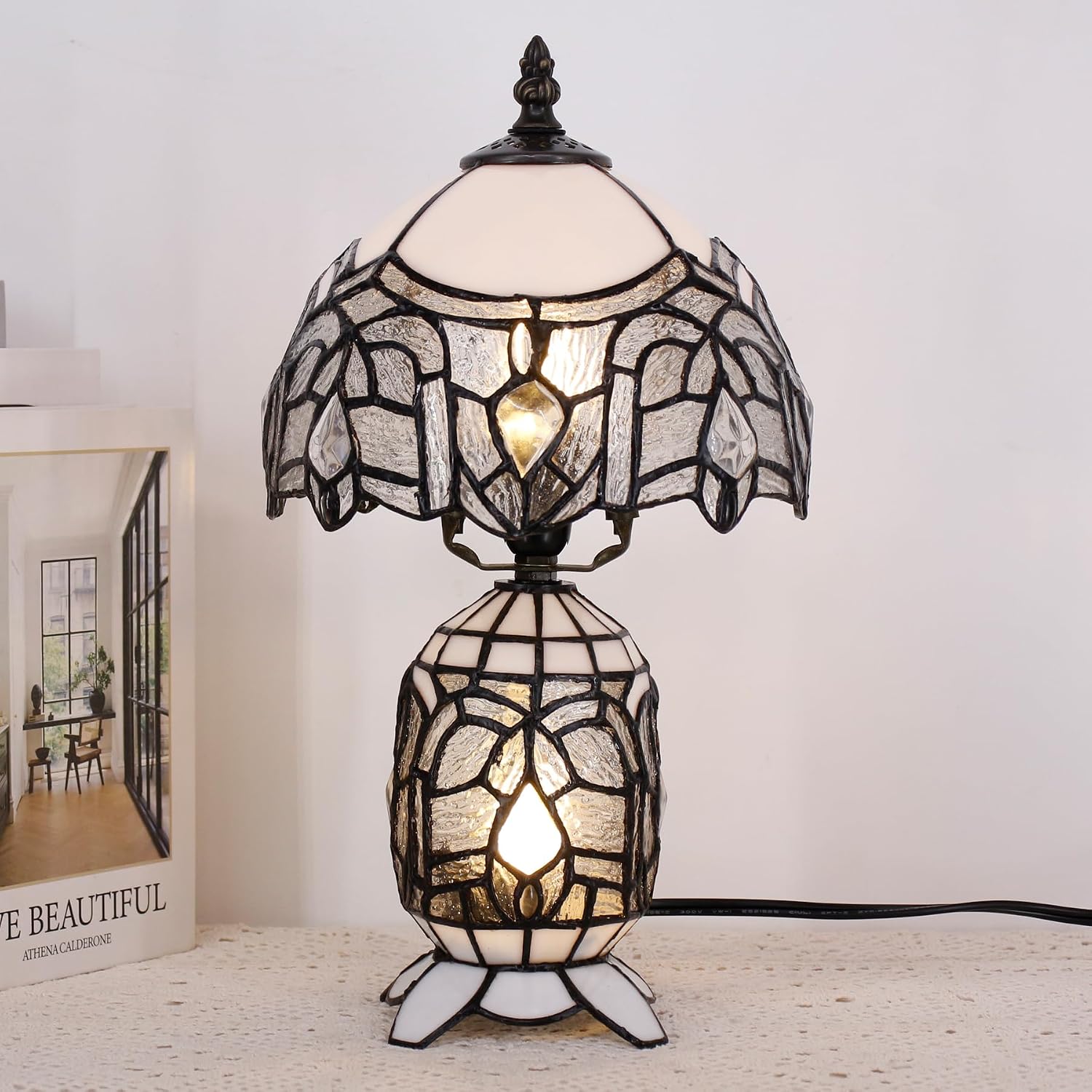 Small Tiffany Lamp Stained Glass Table Lamp Mini Mother Daughter Vase Desk Accent Light for Bedroom Bedside Reading Home Antique Style Decor 8X14 Inches (White)