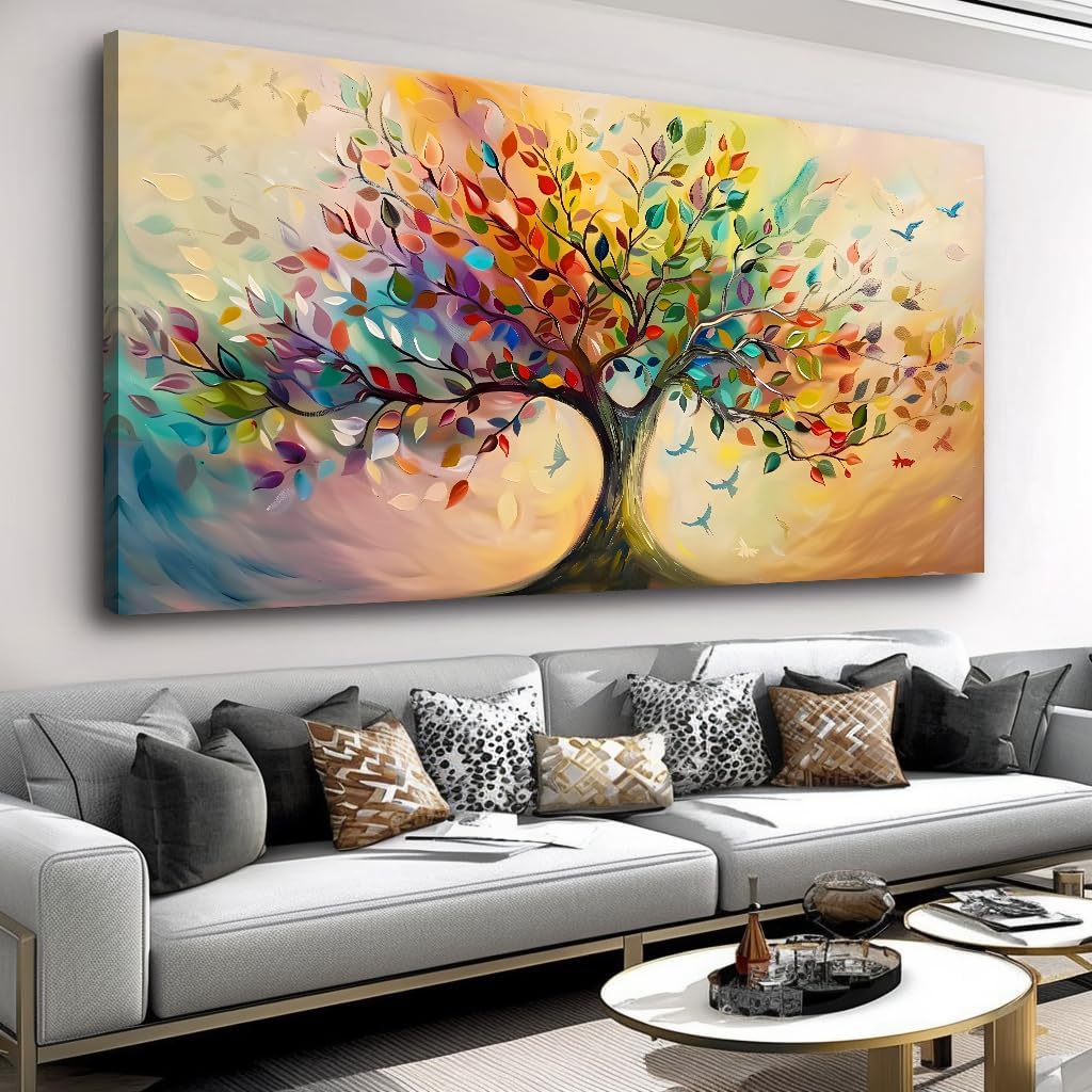 Vibrant Tree of Life Wall Art Colorful Framed Canvas Print for Living Room, Bedroom, Dining Room, or Home Office Modern Ready to Hang Decor,Nature Inspired Home Decoration - 71'x36'
