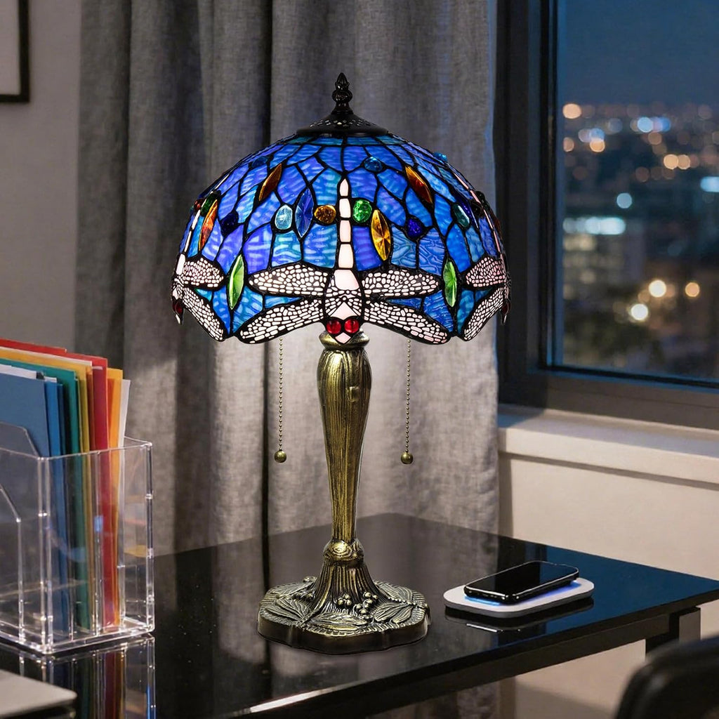 Small Tiffany Table Lamp, Blue Dragonfly Stained Glass Lamp,12 Inch Tiffany Style Lamp for Bedroom Living Room Home, Handcrafted Light, Included Bulb