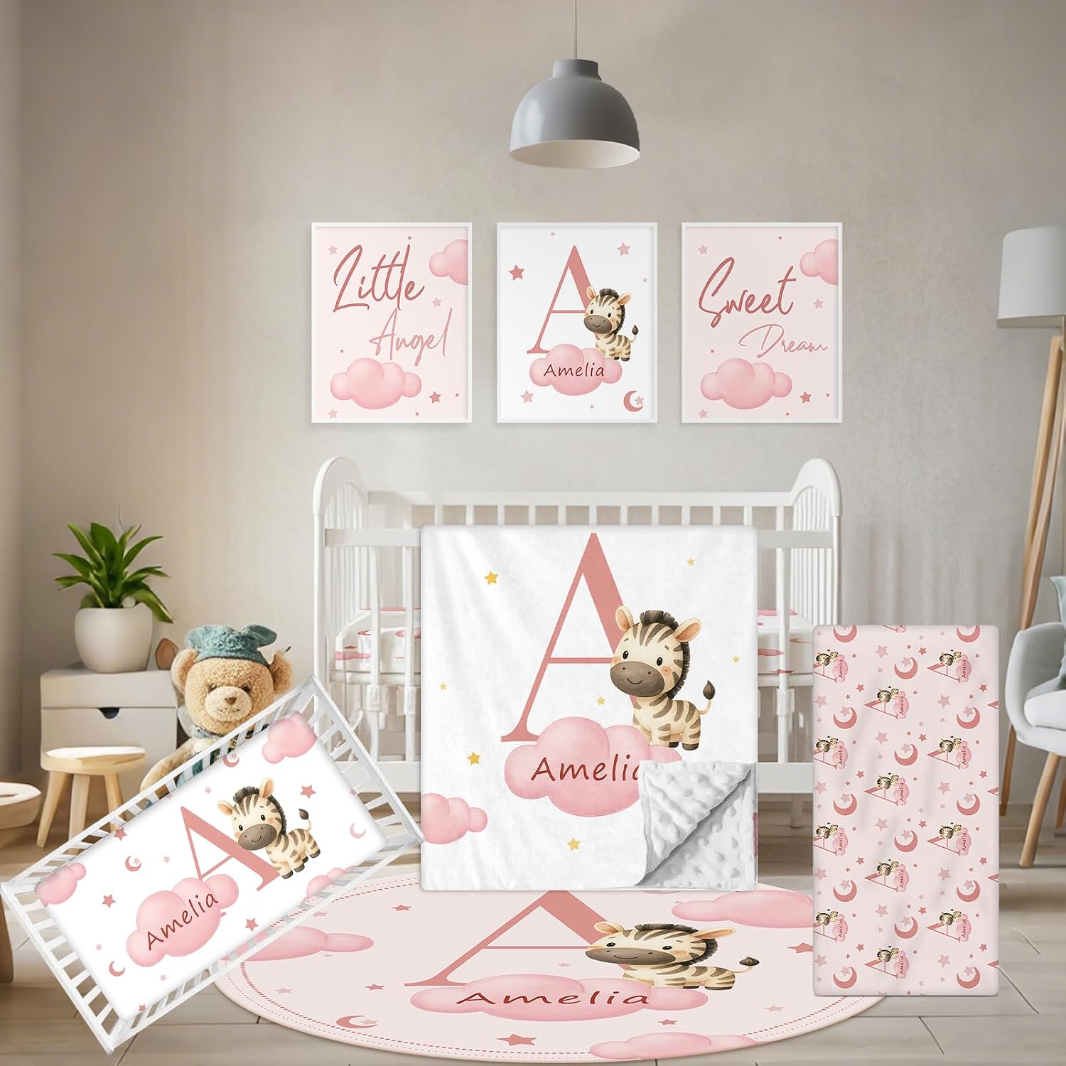 Terwex Personalized Baby Crib Bedding Set, 5 Pcs Custom Name Nursery Bedding Set, Pink Zebra Baby Bedding Set for Girls Boys, Double Layer Crib Sets, Customized Gifts for Infants Toddlers New Parents