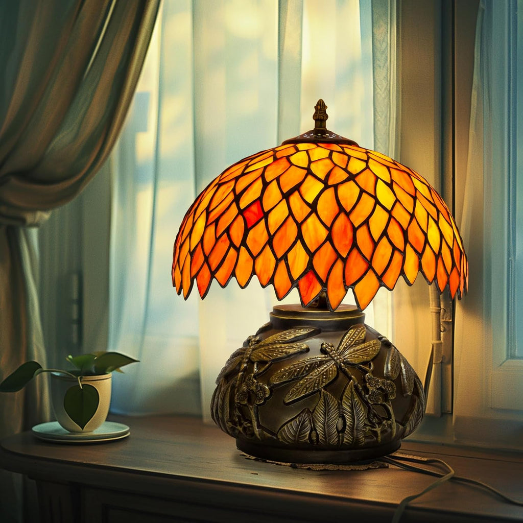 Tiffany Table Lamp Orange Wisteria Style Stained Glass Lamp for Bedside,Bedroom,Living Room,12 Inch Small Vintage Mushroom Desk Lights Included E26 LED with Remote Control(Autumn Leaves)