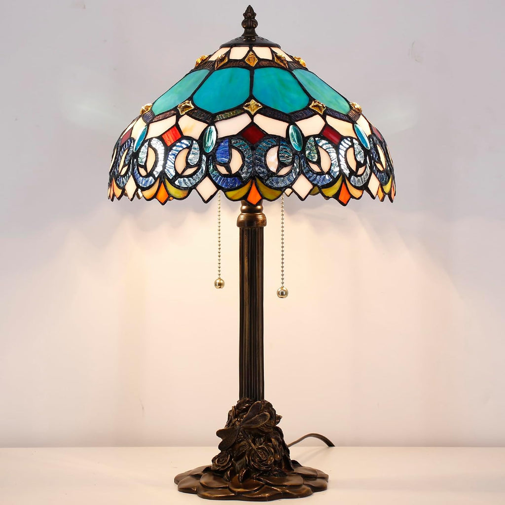 Table Lamp Stained Glass Desk Lamp 12X12X21Inch Resin Base for Bedroom Living Room Reading Light (Blue Jewelry Baroque)