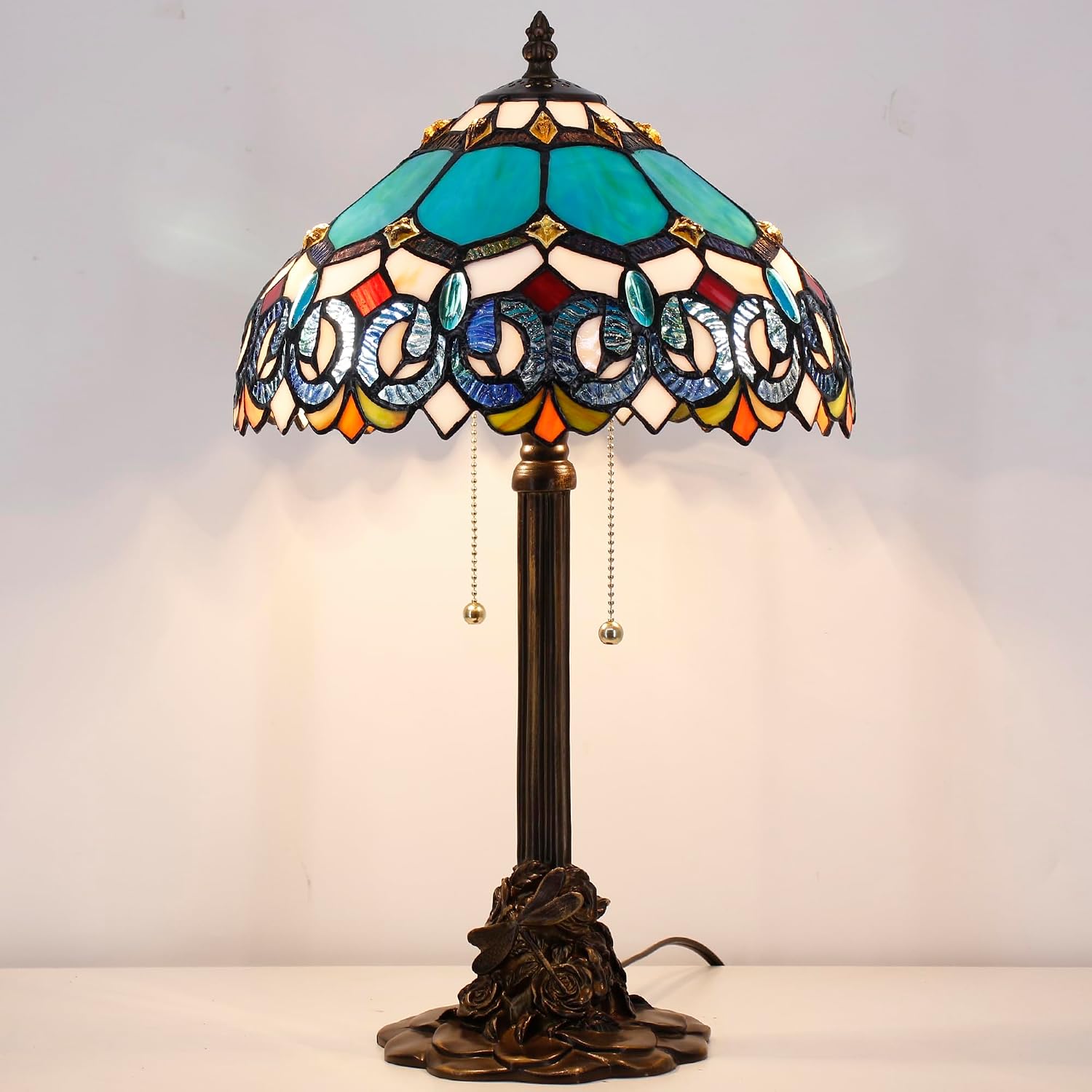 Table Lamp Stained Glass Desk Lamp 12X12X21Inch Resin Base for Bedroom Living Room Reading Light (Blue Jewelry Baroque)