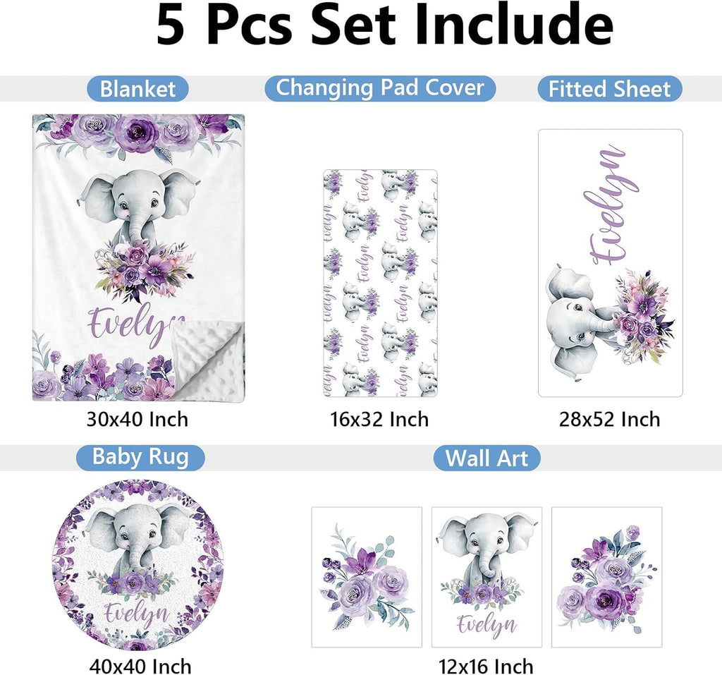 KAINSY Personalized Baby Crib Bedding Set, 5 Pcs Custom Baby Bedding Set with Name, Double Layer Baby Elephant Crib Set for Girls, Soft Flannel Nursery Bedding Set, Toddlers Infants New Parents Gift
