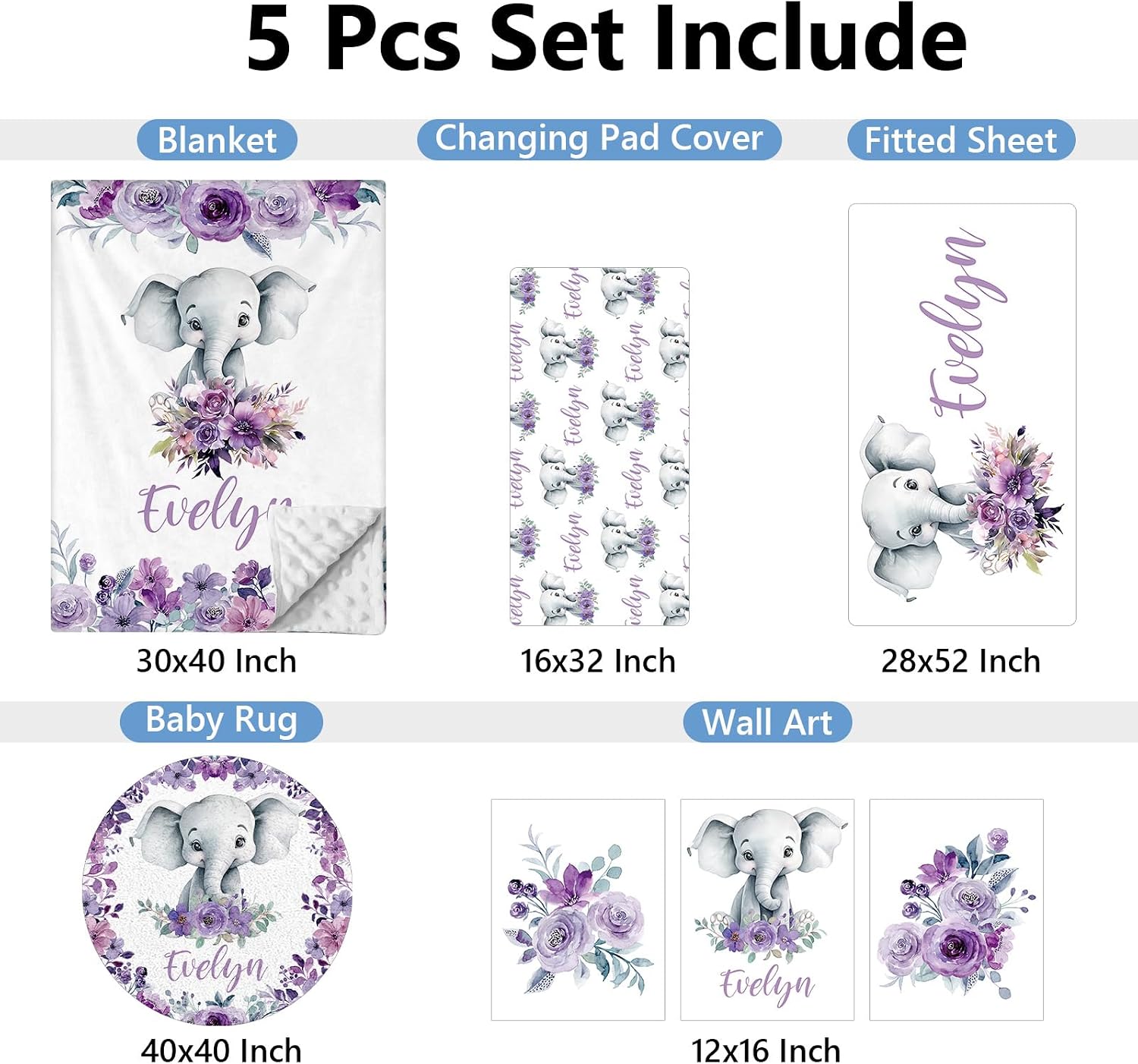 KAINSY Personalized Baby Crib Bedding Set, 5 Pcs Custom Baby Bedding Set with Name, Double Layer Baby Elephant Crib Set for Girls, Soft Flannel Nursery Bedding Set, Toddlers Infants New Parents Gift