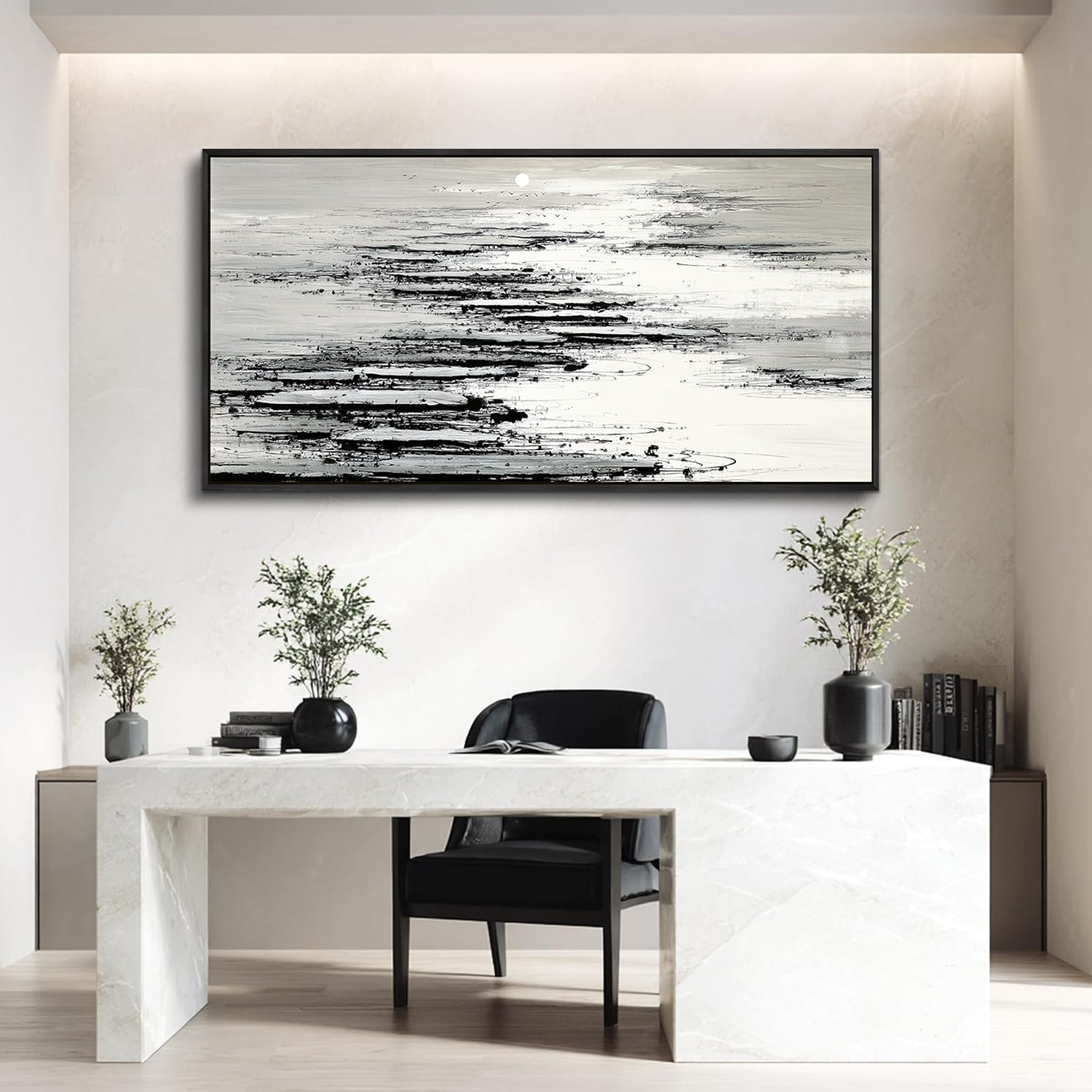 XIGUANGART Black and White Wall Art for Living Room Large Framed Canvas Print Minimalist Ocean Skyline Sunset Abstract Pictures Modern Painting For Bedroom Office Home Wall Decor Ready to Hang