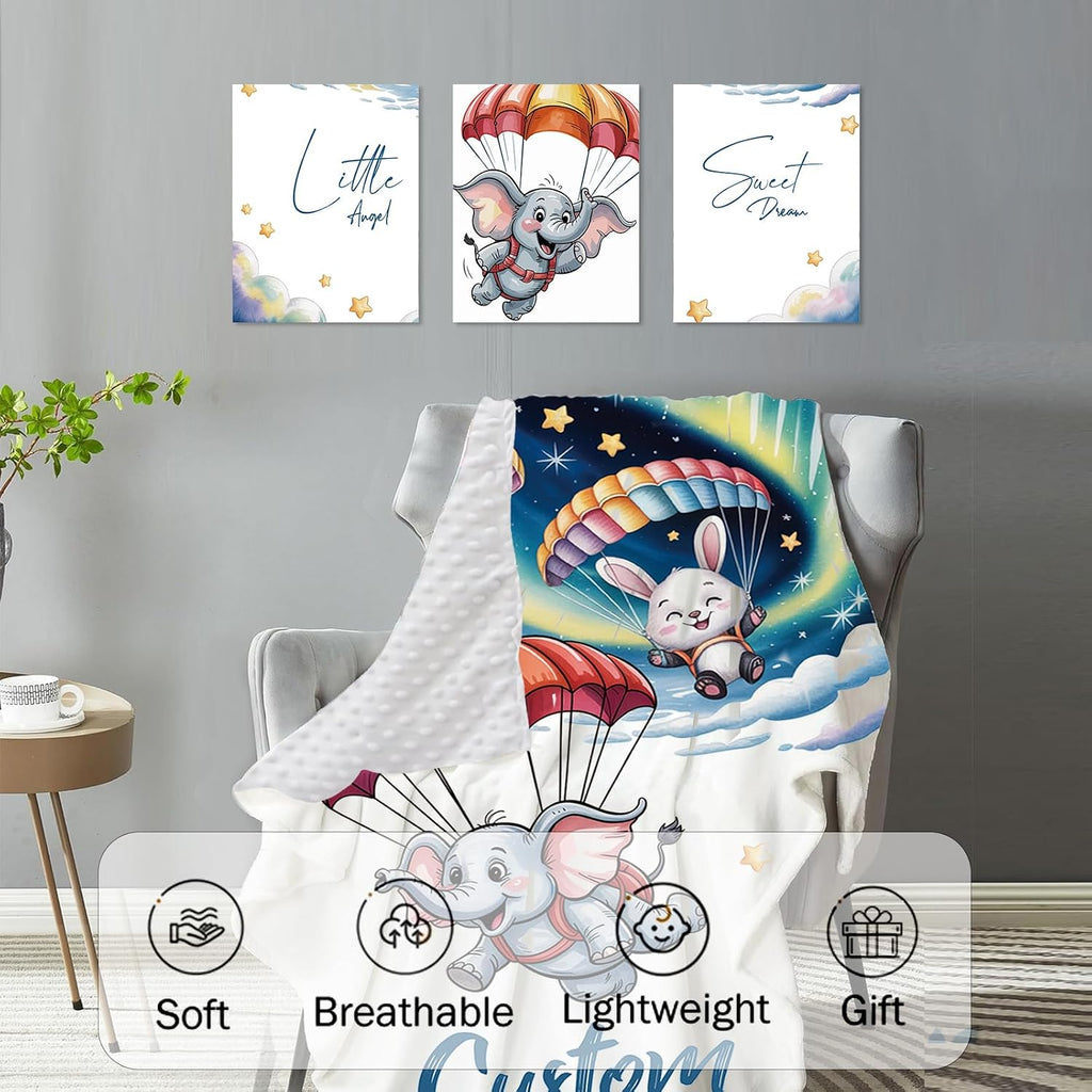 Personalized Crib Bedding Set for Boys, Custom Name Baby Crib Sets 5-Pcs Include Toddler Double Layer Blanket Fitted Sheet Changing Pad Cover Rug Wall Art Set, Elephant Skydiving Pattern Nursery Décor