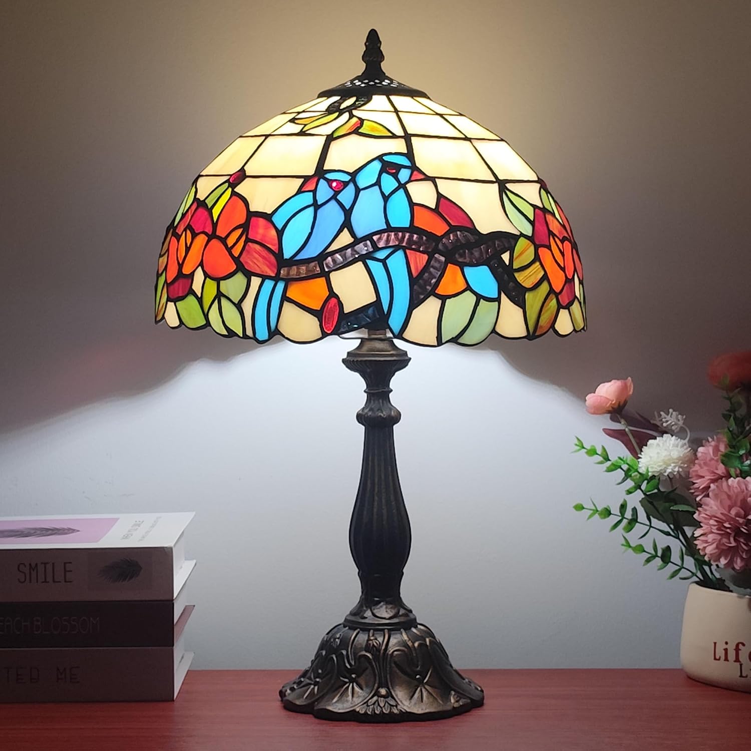 Tiffany 3-Color Stained Glass Lamp - Vintage Beside Reading Lamp, 12 inch Living Room Light, Flowers Style Antique Nightstand Light (Brids Flowers)