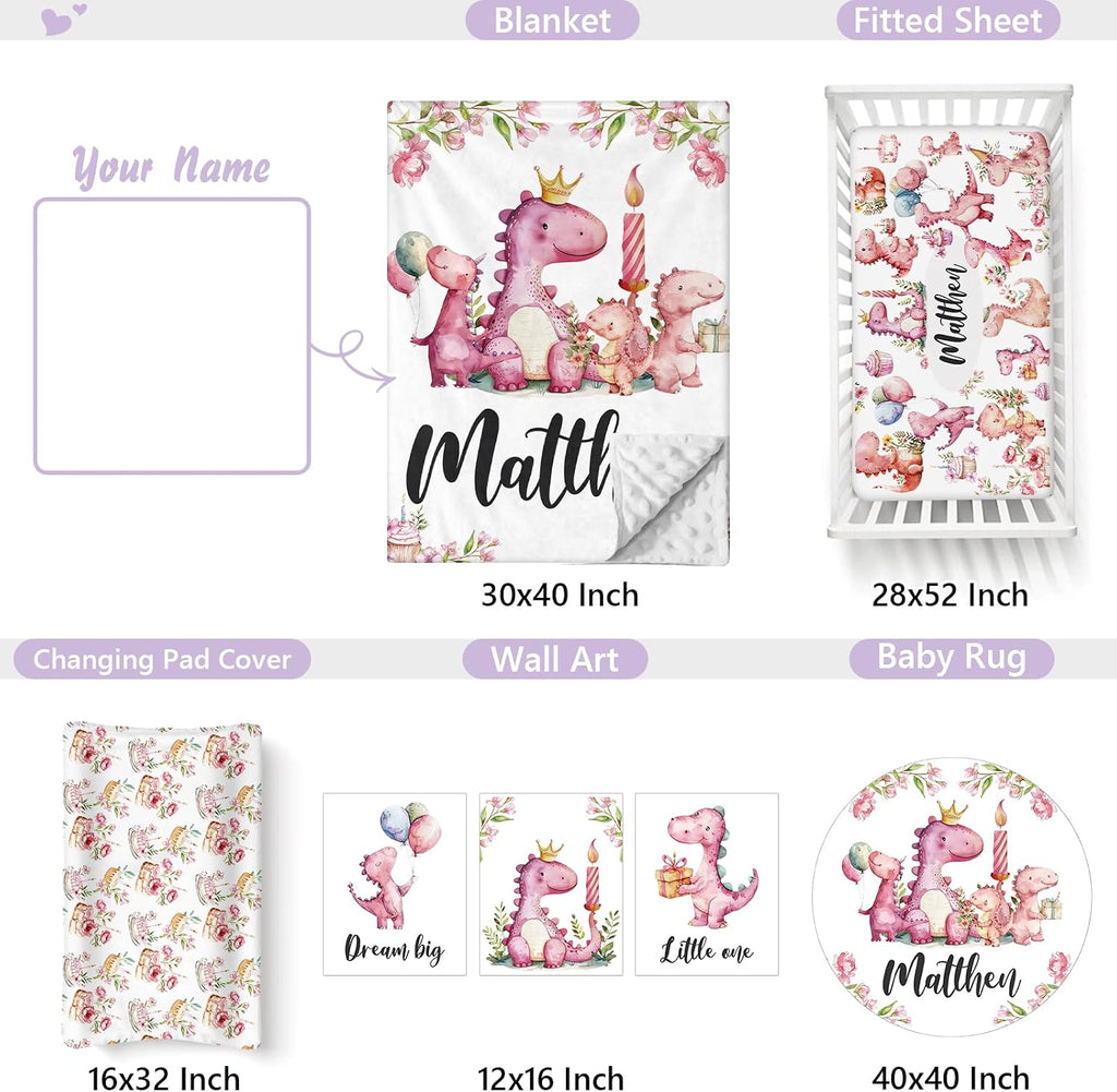 Custom Baby Crib Bedding Set, 5 PCS Personalized Name Baby Crib Sets for Girls Boys, Pink Dinosaur Theme Nursery Bedding Sets for Infant Toddler, Double Layer Flannel Bed Set Customized Gifts