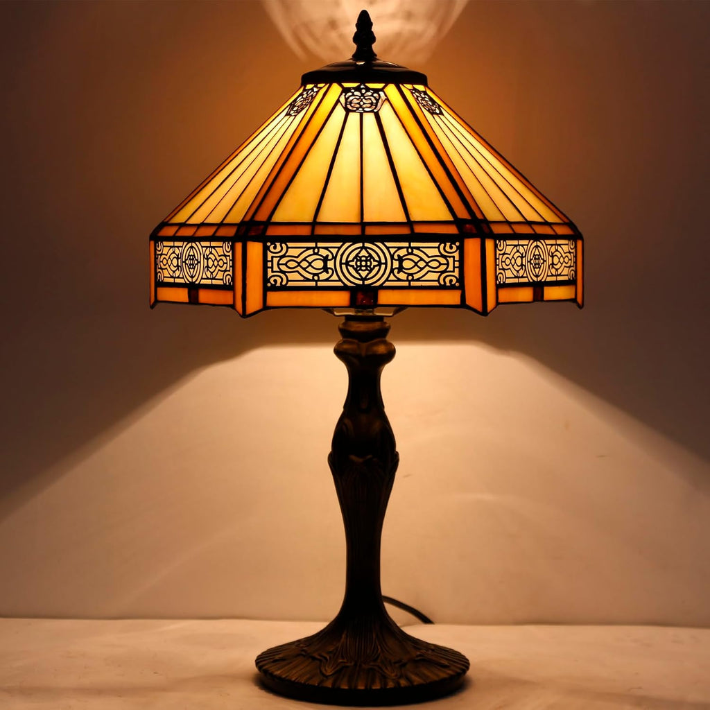 WERFACTORY Tiffany Lamp Yellow Hexagon Stained Glass Mission Style Table Lamp Desk Bedside Reading Light 12X10X18 Inches Decor Bedroom Living Room Home Office S011 Series