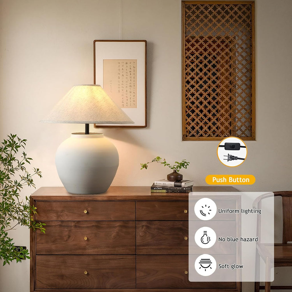 Farmhouse Table Lamps Black 18.8' Tall Ceramic Table Lamp Rustic Southwestern Clay Pot Ceramic Lampshade with Fabric Shade Bedside Nightstand for Living Room Bedroom House Office Entryway (White)
