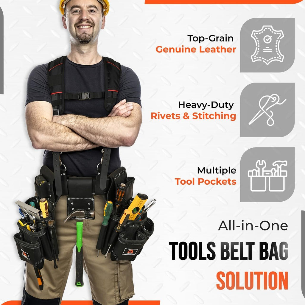 ABRIX Heavy Duty Tool Belt for Men – 4MM Thick Genuine Leather, Brass Buckle & Rivets | Foam Padded Comfort | 28-Pocket Carpenter & Framing Rig with Suspender | Work Belt Fit upto 32' to 52'